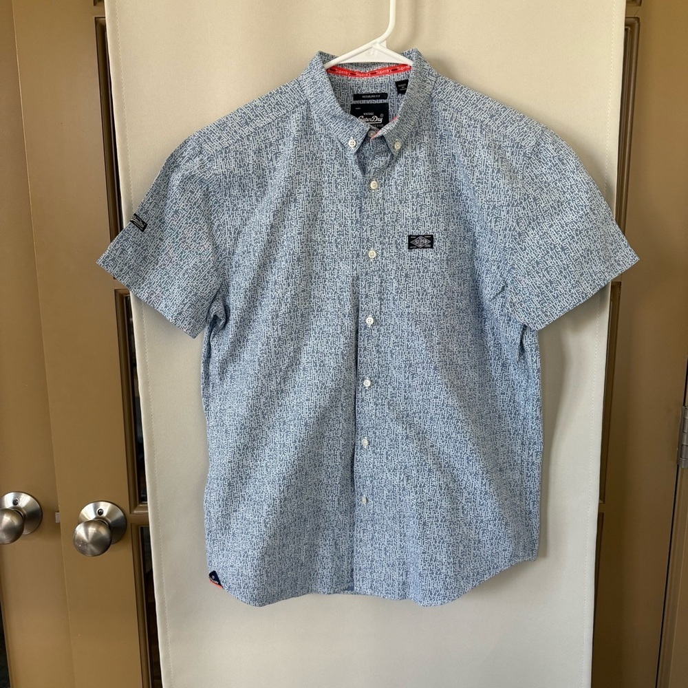 Superdry Mens Small Blue Short Sleeve Button Down‎ Shirt Logo